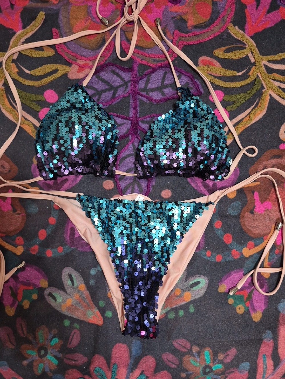 Sequin Triangle Bikini Set in Iridescent Teal And Purple